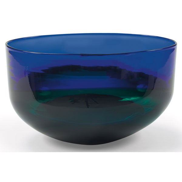 blue, Timo Sarpaneva Kotilo bowl: Rare Timo Sarpaneva "Kotilo" bowl, by Venini & Co., Italy, 1992, heavy form in sapphire blue, green and tea-colored glass, with original paper labels, signed "venini 92 sarpaneva" on bottom, 9"w x 6.7