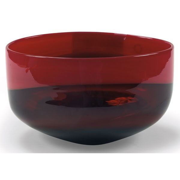 red, Timo Sarpaneva Kotilo bowl: Rare Timo Sarpaneva "Kotilo" bowl, by Venini & Co., Italy, 1991, heavy form in red, orange and teal glass, with original paper labels and clear Venini decal, signed "venini 91 sarpaneva" on bottom, 9"