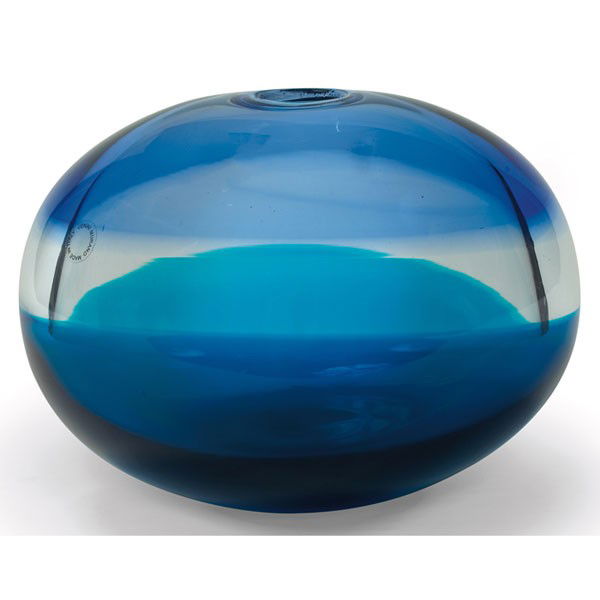 Timo Sarpaneva Kotilo vase green: Rare Timo Sarpaneva "Kotilo" vase, by Venini & Co., Italy, 1997, bulbous form composed of bands of green, clear and blue glass, signed "venini 97 sarpaneva" on bottom, 8"w x 6"h, mint condition