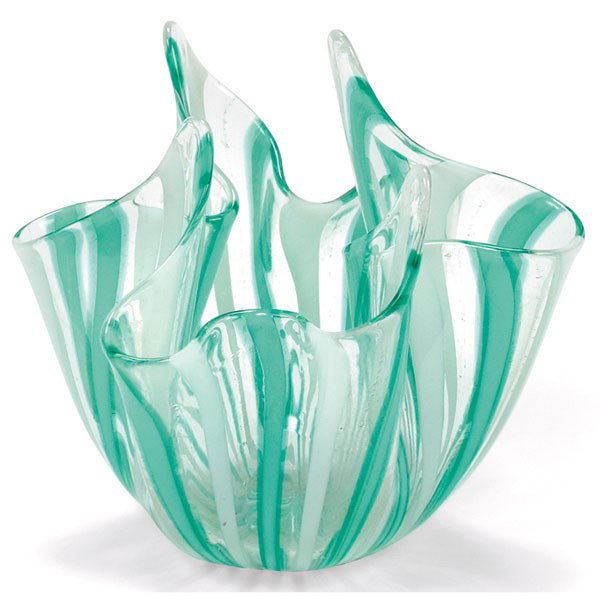 Venini Handkerchief vase, clear: Venini Handkerchief vase, clear glass with vertical green and white stripes, three-line acid stamp "venini murano italia", 3.5"w x 3.5"h, mint condition