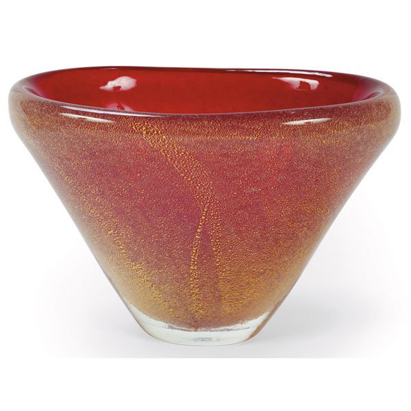 Tobia Scarpa sommerso bullicini vase: Tobia Scarpa sommerso bullicini vase, Venini, Italy, red glass encased in clear with gold leaf inclusions, signed with three-line acid stamp: venini murano italia, 7"w x 4.25"d x 4.75"h, mint conditio