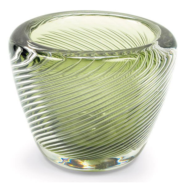 Orrefors Ariel vase, oval: Orrefors "Ariel" vase, oval, fine air-trap lines set at an angle in green glass, unsigned, 3.25"dia x 3"h, mint condition