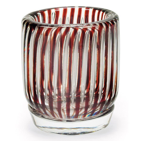 Edvin Ohrstrom for Orrefors Ariel small vase: Edvin Ohrstrom for Orrefors "Ariel" small vase/toothpick holder, alternating pattern of clear air-trap pattern and vertical burgundy stripes, clear foot, c.1959, signed "Orrefors Ariel 213H Edvin Ohrs