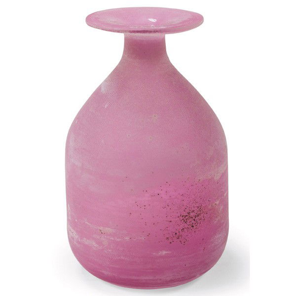 Cendese Scavo vase, pink glass: Cendese "Scavo" vase, Murano, Italy, 1950s, pink glass form with broad rim, incised "Cenedese" with Cenedese Vetri blue and silver label, 6.5"h, mint condition