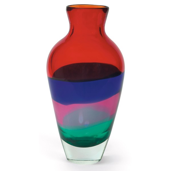 Gino Mazzega vase, fasce vase: Gino Mazzega vase, for I.V.R. Mazzega, Italy, a fasce vase featuring bands of red, blue, green and purple, unsigned, 7"dia x 14.25"h, mint condition