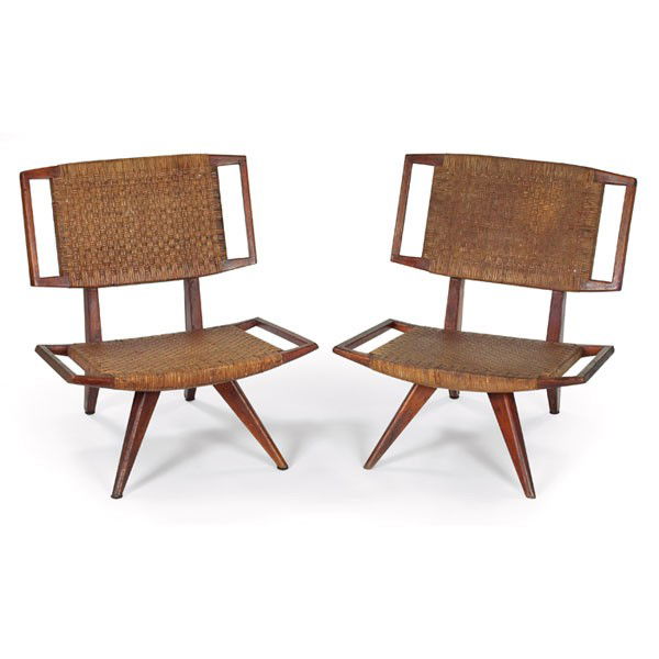 Paul Laszlo chairs, pair: Paul Laszlo chairs, pair, by Glenn of California, bleached mahogany frames with original caned seats and backs, over coated original finish, 28"w x 27"d x 32"h, some wear, good original condition