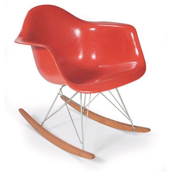 Charles & Ray Eames RAR (Baby rocker): Charles & Ray Eames RAR (Baby rocker) rocking chair, by Herman Miller, bright red-orange molded fiberglass shell with zinc wire struts and birch runners, the chair was a gift from Herman Miller to an
