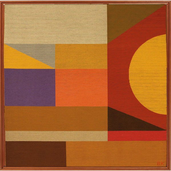 Boris Kroll tapestry, wool: Boris Kroll tapestry, wool, multi-colored abstract composition in a wood frame, signed along selvedge (visible at back), Boris Kroll label, marked "Tapestry 11C '70", (woven signature lower left) 50"w