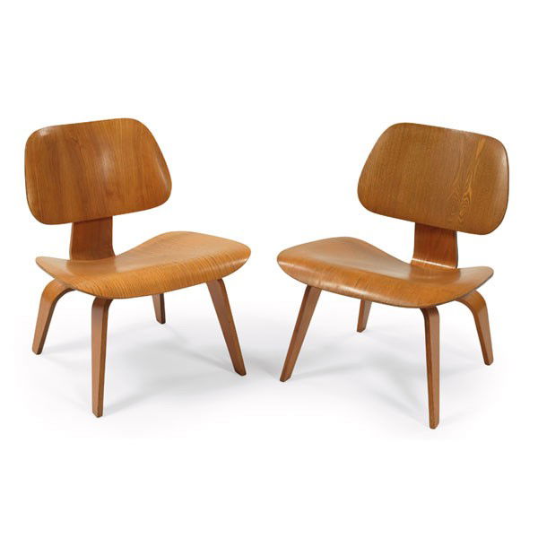 Charles & Ray Eames LCWs, pair: Charles & Ray Eames LCWs, pair, by Herman Miller, ash, 1952, molded plywood, back mounts replaced by Herman Miller, original finish, signed with stamped date, 22"w x 24"d x 27"h, excellent condition