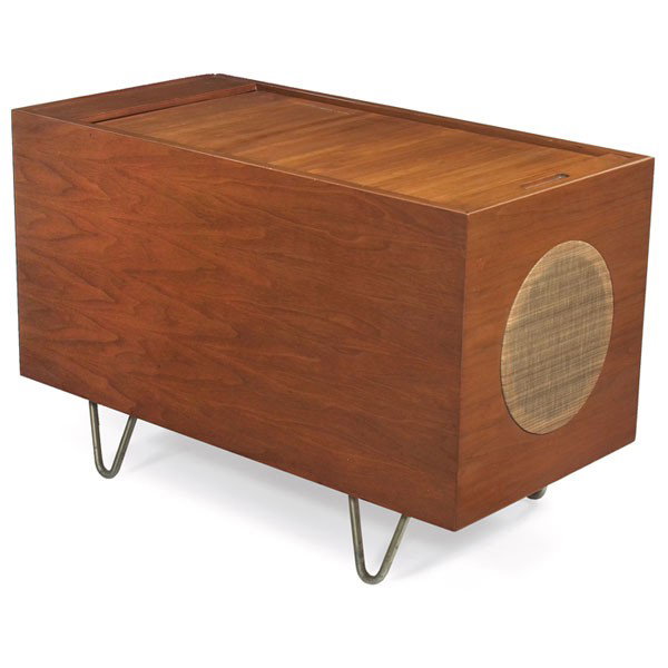 George Nelson speaker cabinet: George Nelson speaker cabinet, by Herman Miller, walnut case over hairpin legs, original roll-top, original fabric covers opening, original finish, 17"w x 34"d x 22"h, excellent original condition
