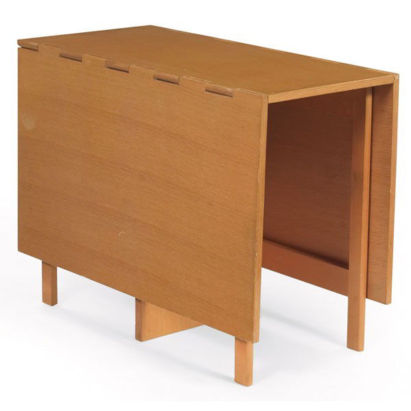 George Nelson Gateleg dining table: George Nelson Gateleg dining table, by Herman Miller, no. 4656, c.1950, comb grain oak, drop-sides with dovetail construction, open: 65"w x 40"d x 30"h, close: 40w x 18.5d, each side: 24, original fin