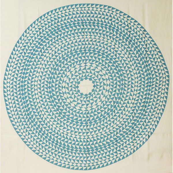 Alexander Girard table cloth, round blue: Alexander Girard table cloth, by Herman Miller Textiles, USA, 1960s, round blue geometric blue pattern silkscreen on bleached linen, original "Herman Miller Textiles" paper hang tag, 50" x 51", small