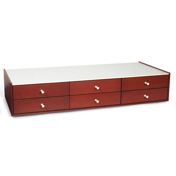 George Nelson jewelry chest, 30w x 13d x 6h: George Nelson jewelry chest, by Herman Miller, recent production, six drawers with the original pulls, original finish, white laminate top, signed with Nelson/Herman Miller tag, 30"w x 13"d x 6"h, exc