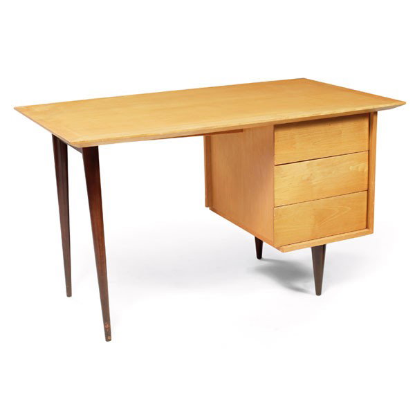 Florence Knoll single pedestal desk: Florence Knoll single pedestal desk, by Knoll Associates, 1950s, rectangular birch top with three drawers over dark stained birch legs, original finish, 50"w x 28"d x 29.5"h very good original conditi