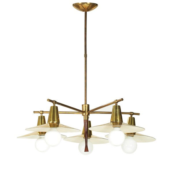 Gerald Thurston hanging lamp: Gerald Thurston hanging lamp, by Lightolier, 1950s, brass and walnut, five lights, brass ceiling cap, 28"dia x 33"h, very good original condition