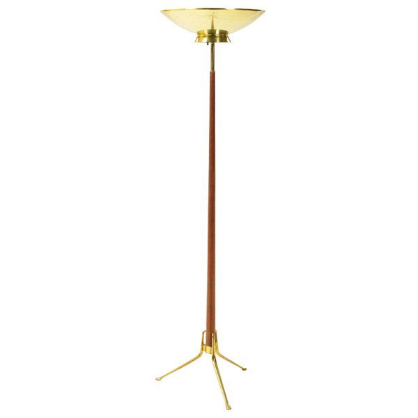 Gerald Thurston floor lamp: Gerald Thurston floor lamp, by Lightolier, 1950s, brass and walnut, perforated shade, 17"dia x 64.5"h, very good original condition