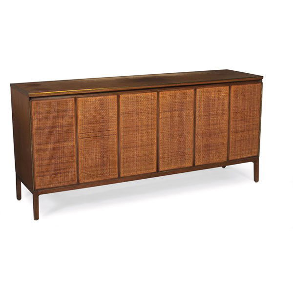 Paul McCobb cabinet, bleached mahogany: Paul McCobb cabinet, by Calvin, bleached mahogany cabinet with brass trim around top, two folding doors with original caned fronts, wood legs, interior consists of drawers, signed with metal Calvin ta