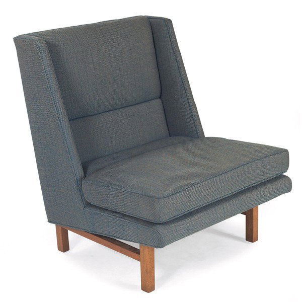 Edward Wormley lounge chair: Edward Wormley lounge chair, by Dunbar, upholstered seat with angled sides, walnut frame, light blue upholstery, signed in the cushion decking, 27.5"w x 29"d x 32"h, very good original condition