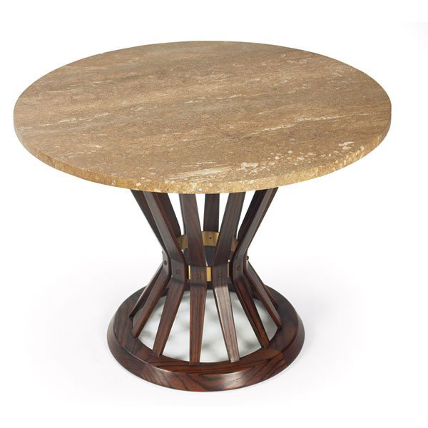 Edward Wormley Sheaf of wheat occasional table: Edward Wormley "Sheaf of wheat" occasional table, by Dunbar, round travertine top supported by laminated ash plywood base, original finish, signed with brass D tag and paper label, 27"dia. x 20"h, exc