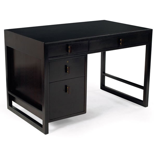 Edward Wormley desk: Edward Wormley desk, by Dunbar, dark stained wood, rectangular top over four drawers, original rosewood drawer pulls, signed with rectangular brass tag, original finish, 44"w x 27"d x 29.25"h