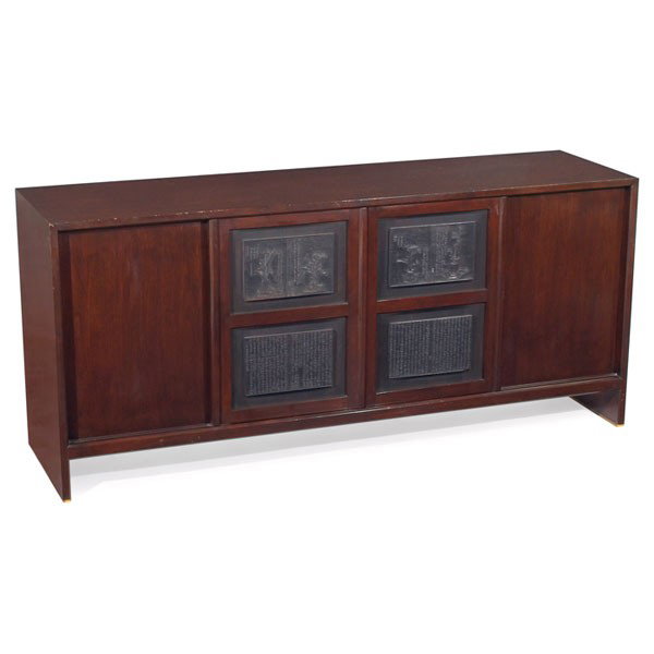 Edward Wormley Printing Block cabinet: Edward Wormley Printing Block cabinet, by Dunbar, double-sided room divider, walnut, one side with two doors concealing shelves, one side with two sliding doors, all doors with original Chinese printi