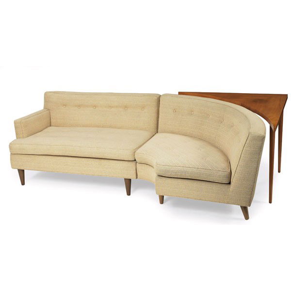 Edward Wormley sectional sofa: Edward Wormley sectional sofa by Dunbar, three pieces, includes corner table, straight seating unit and curved corner seating unit, table fits behind the curved corner unit, original upholstery with g