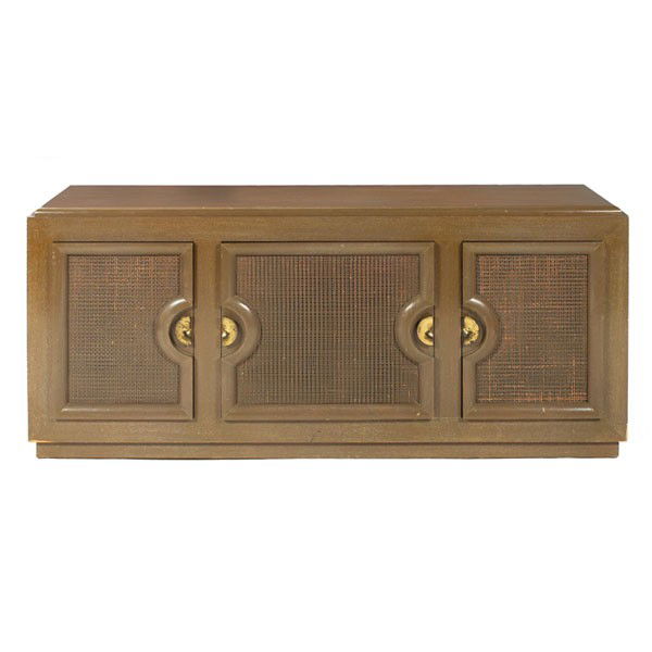 Paul Laszlo cabinet: Paul Laszlo cabinet, by Brown Saltman, mahogany, three doors with caned fronts, curved brass-plated pulls, original finish, shelves at left and right, drawers to center, 72"w x 20"d x 32.5"h, very goo