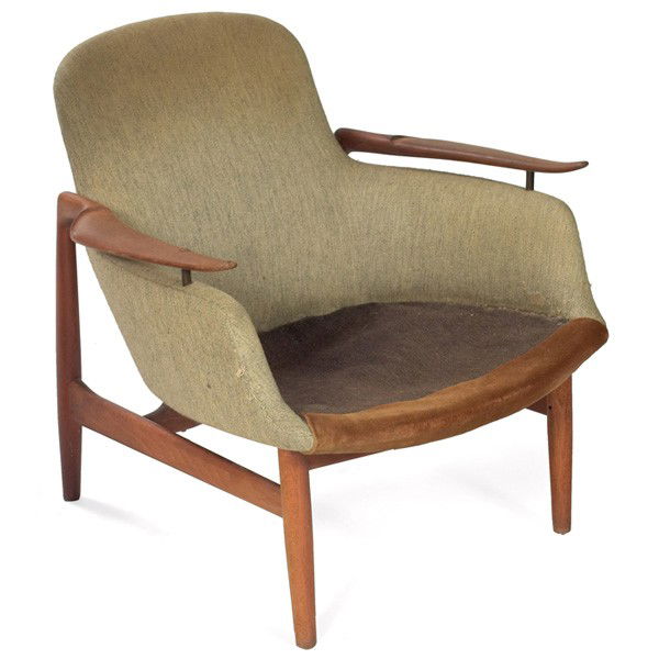 Finn Juhl Easy Chair No.53: Finn Juhl Easy Chair No.53, by Niels Vodder, Denmark, teak, suspended sculptural armrests, original finish, original wool fabric, no seat cushion, paper Illums Bolighus label, 28.5"w x 32"d x 29.5"h,