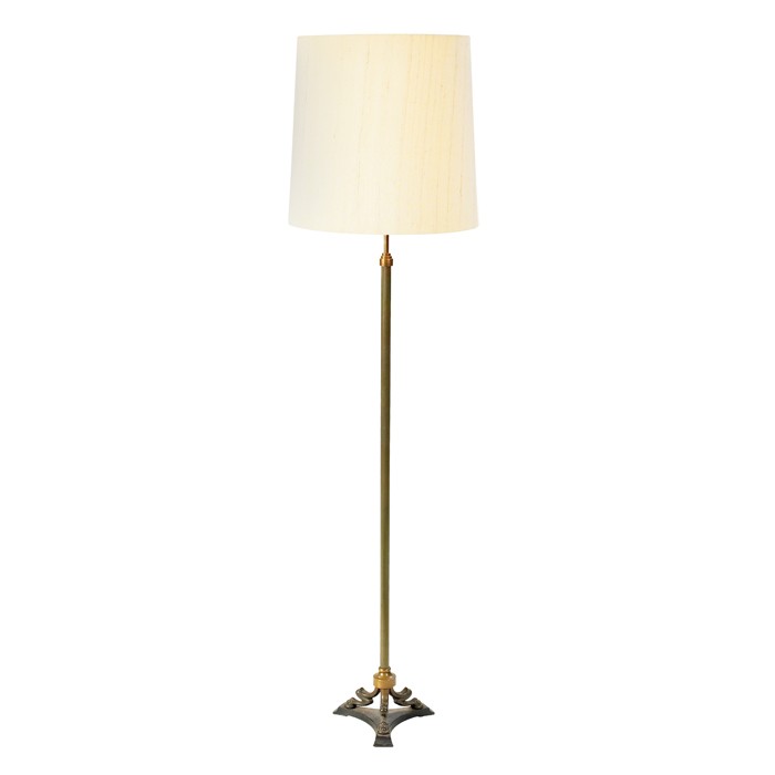 Lyfa floor lamp, bronze tri-form base: Lyfa floor lamp, Denmark, 1940s, bronze tri-form base with stylized paw detail, grooved standard, cloth drum shade, original patina, 10"dia. X 60"h, with shade: 71"h, excellent condition