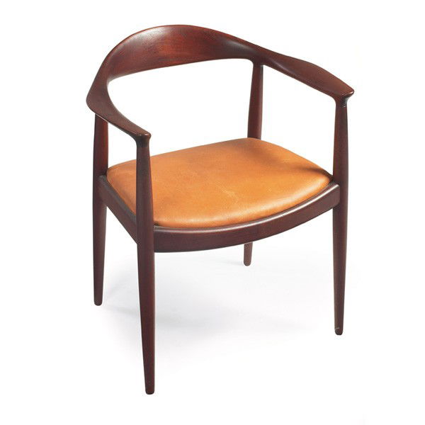Hans Wegner The (Round) chair: Hans Wegner "The" (Round) chair, by Johannes Hansen, Denmark, 1960s, oak, signed with branded Hansen mark, 25"w x 20.5"d x 30.25"h, original finish, tan leather upholstery, excellent condition
