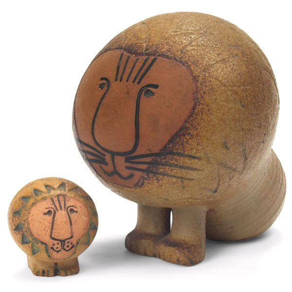 Lisa Larson animals: Lisa Larson animals, for Gustavsberg, Sweden, lion with a factory label, 5.5" tall; smaller lion with factory impressed mark, 2" tall; bulldog with factory label, 4.75", all in mint condition