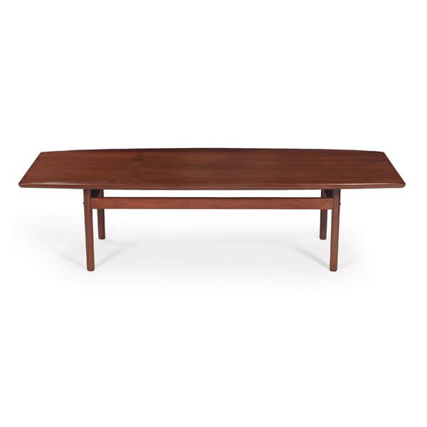 Grete Jalk coffee table and pair of end tables: Grete Jalk coffee table and pair of end tables, by P. Jeppesen, rectangular top with lip to edges of tops, end tables with slatted lower shelf, original finish, coffee table: 65"w x 23.5"d x 17.5"h, 3