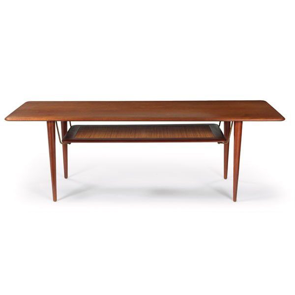 Peter Hvidt and Orla Nielsen coffee table: Peter Hvidt and Orla Nielsen coffee table, by France and Sons, Denmark, rectangular teak top over caned lower shelf with brass rods, signed with metal tag, 60"w x 20"d x 20"h, excellent condition