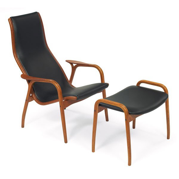 Yngve Ekstrom Lamino chair and ottoman: Yngve Ekstrom "Lamino" chair and ottoman, by Swedese, oak frame with new black leather upholstery, each signed with Swedese branded mark, made in Sweden, chair: 27.5"w x 32"d x 39"h, ottoman: 23.5"w x
