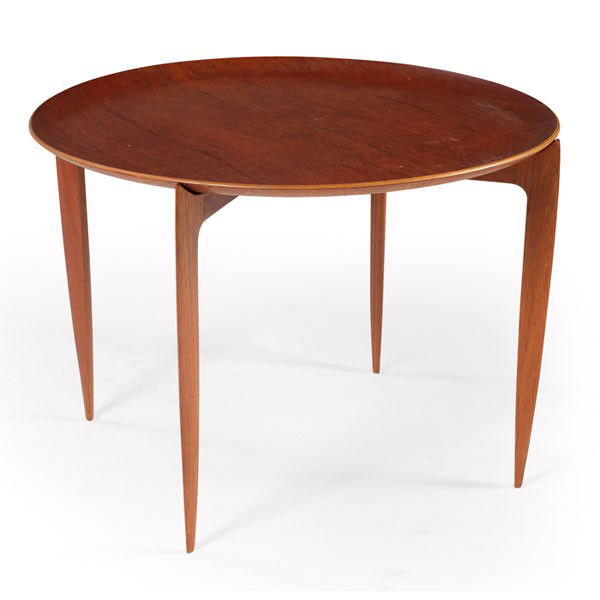 Fritz Hansen tray table: Fritz Hansen tray table, made in Denmark removable teak tray on tapered teak folding legs, original finish, signed, 24"dia x 16.75"h, excellent condition