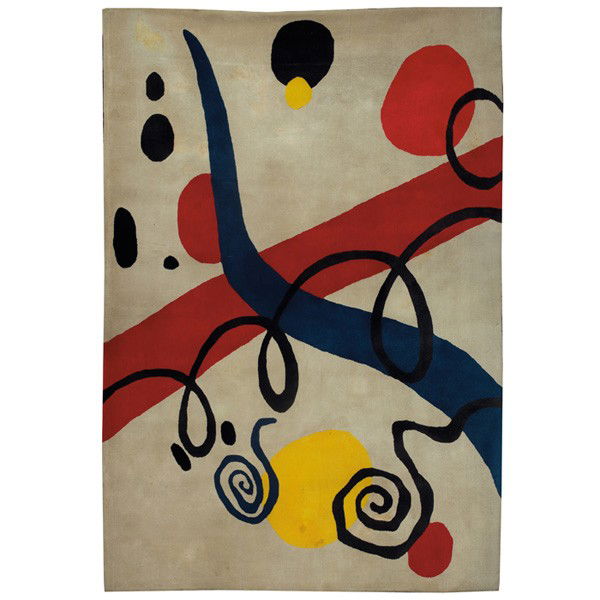 Edward Fields rug, Alexander Calder style: Edward Fields rug, USA, by Edward Fields, Inc., 100% virgin wool, Alexander Calder style design in red, black and blue on a cream field, 1992, signed along edge of backing, 91" x 124", light soiling,
