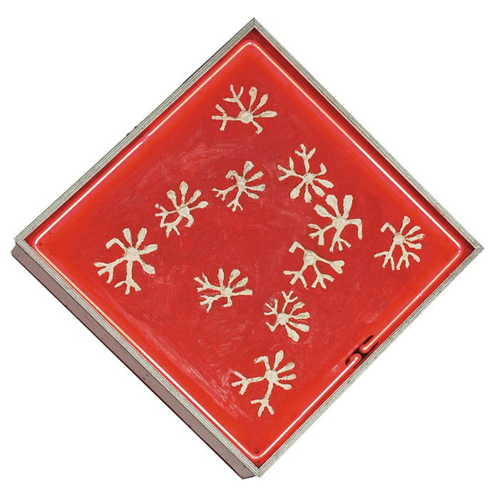 Dennis Pearson White Turkeys, lighted sculpture: Dennis Pearson (American, b. 1939) "White Turkeys", 1967, lighted sculpture, square metal box decorated with red neon light tubing, red and white oil paint, signed, titled and dated on back, 20"w x 6"