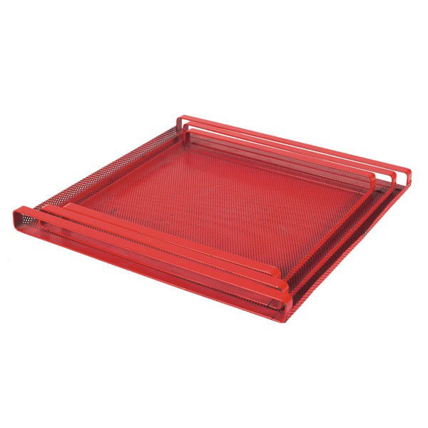 Mathieu Mategot trays, three,: Mathieu Mategot trays, three, France, 1950s, perforated red metal with matching handles, largest 15"sq, very good original condition