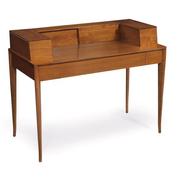 T.H. Robsjohn-Gibbings desk: T.H. Robsjohn-Gibbings desk, by Widdicomb, bleached walnut, upper gallery with hinged compartment at left and right and two sliding doors, one drawer below writing surface, slight flare to legs at tip