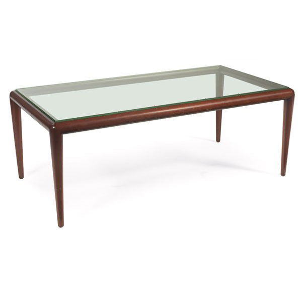 T.H. Robsjohn-Gibbings coffee table: T.H. Robsjohn-Gibbings coffee table, by Widdicomb, stained wood frame, supports the original rectangular glass top, with rounded edges, mahogany, refinished, 44"w x 23"d x 16.5"h, excellent condition