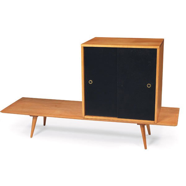 Paul McCobb bench and cabinet: Paul McCobb bench and cabinet, by Winchendon, maple, Planner Group, bench with four tapered legs, cabinet with black sliding doors and one fixed shelf, cabinet with branded Winchendon mark, bench: 60"