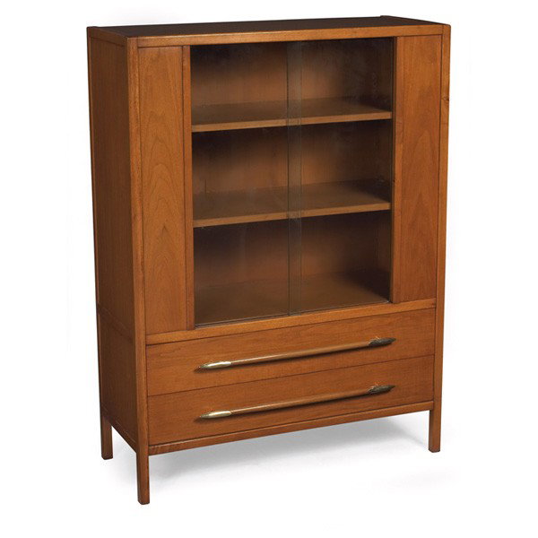 T.H. Robsjohn-Gibbings china cabinet: T.H. Robsjohn-Gibbings china cabinet, by Widdicomb, walnut cabinet with two sliding glass doors over two drawers with original nickel and wood pulls, two adjustable shelves to interior, original finis