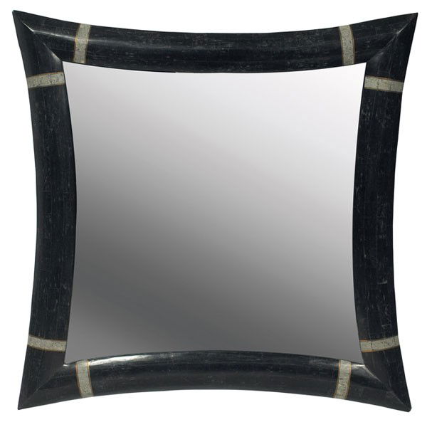 Karl Springer mirror, square form: Karl Springer mirror, square form with concave sides, black fossil stone with bands of lighter fossil stone and inset brass trim, original finish unsigned, 36"w x 36"d, chip to one corner, good origin