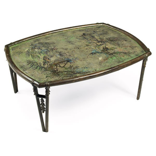 Philip & Kelvin LaVerne La Fleur coffee table: Philip & Kelvin LaVerne "La Fleur" coffee table, rectangular top with rounded edges and trim, V-Shaped legs with leaf detail, acid-etched surface, signed on top, very good original condition, 41"w x 3
