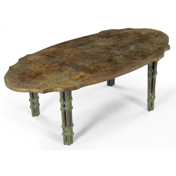 Philip & Kelvin LaVerne Muses coffee table: Philip & Kelvin LaVerne "Muses" coffee table, shield-shaped boucher top with acid-etched surface, legs are formed of four wrapped posts, signed on top, 48"w x 24"d x 16.5"h, very good original conditi