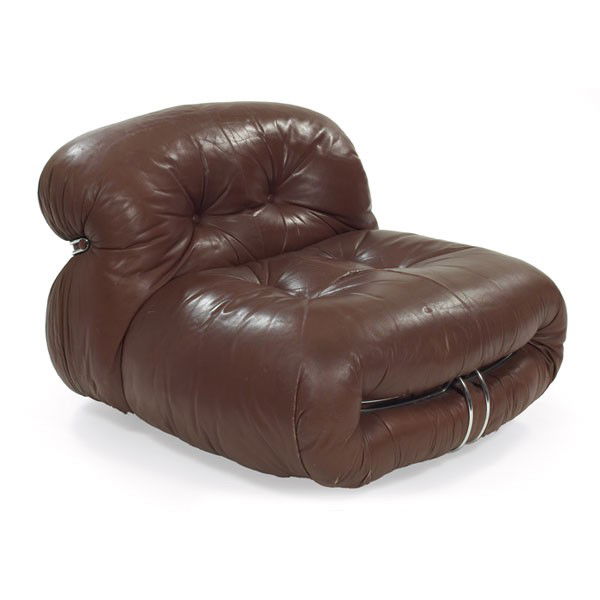 Tobia Scarpa Soriana chair: Tobia Scarpa Soriana chair, by Cassina, Italy, original brown leather upholstery, chromed steel trim, signed with Cassina and AI labels, tear around one button, good original condition