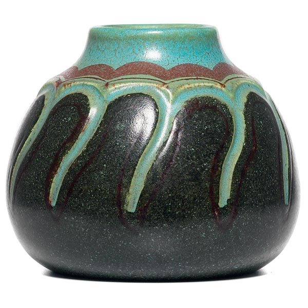 052: Accolay vase, squat form : Accolay vase, squat form with swirling incised and painted designs, impressed marks, 3.5"h, good design