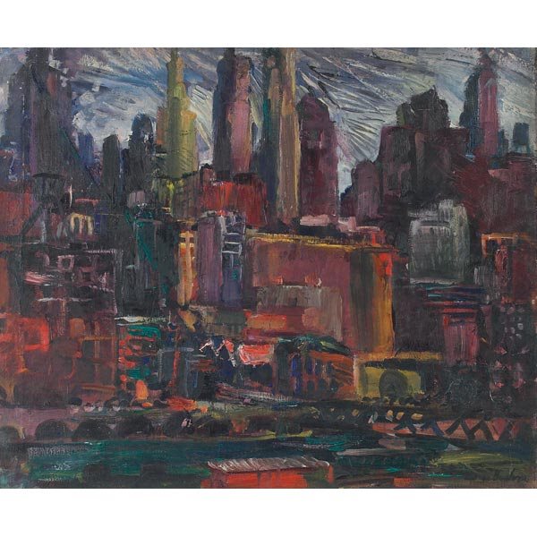 Karl Zerbe, City Scene, oil: George F. Buehr (American, b.1905), "City Scene", c. 1950; oil/canvas, 25" x 30", signed. Known as an expressionist painter, Zerbe along with Hyman Bloom and Jack Levine, received national recognition