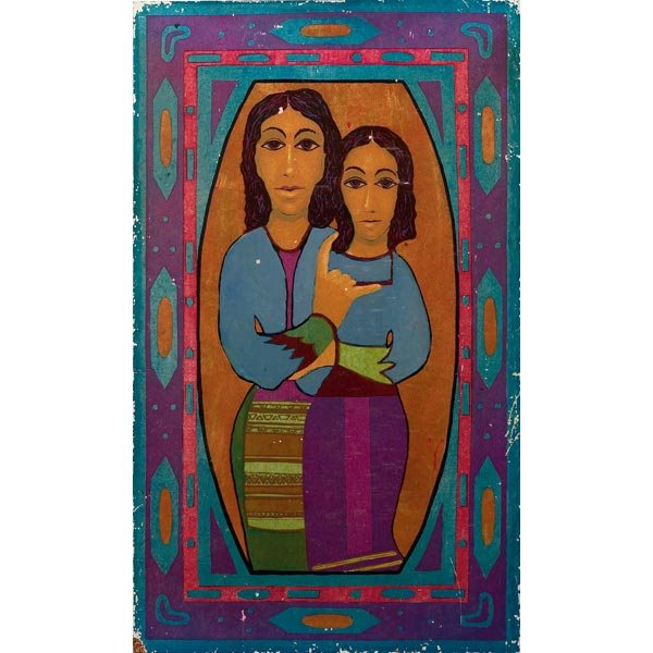 Mario de Ferrante, oil: Mario de Ferrante (Italian/American, 1898-1992), "Blue Figures", c.1960; mixed media/board, 40" x 23.5", signed