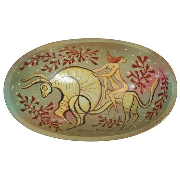 Aaron Bohrod, Europa with the Bull, oil: Aaron Bohrod (American, 1907-1992), "Europa with the Bull", c.1940; oil/lacquer on wood, 4.5" x 7.75" x 1.75", signed. Important Chicago modernist. Bohrod created decorative objects and designed ceram
